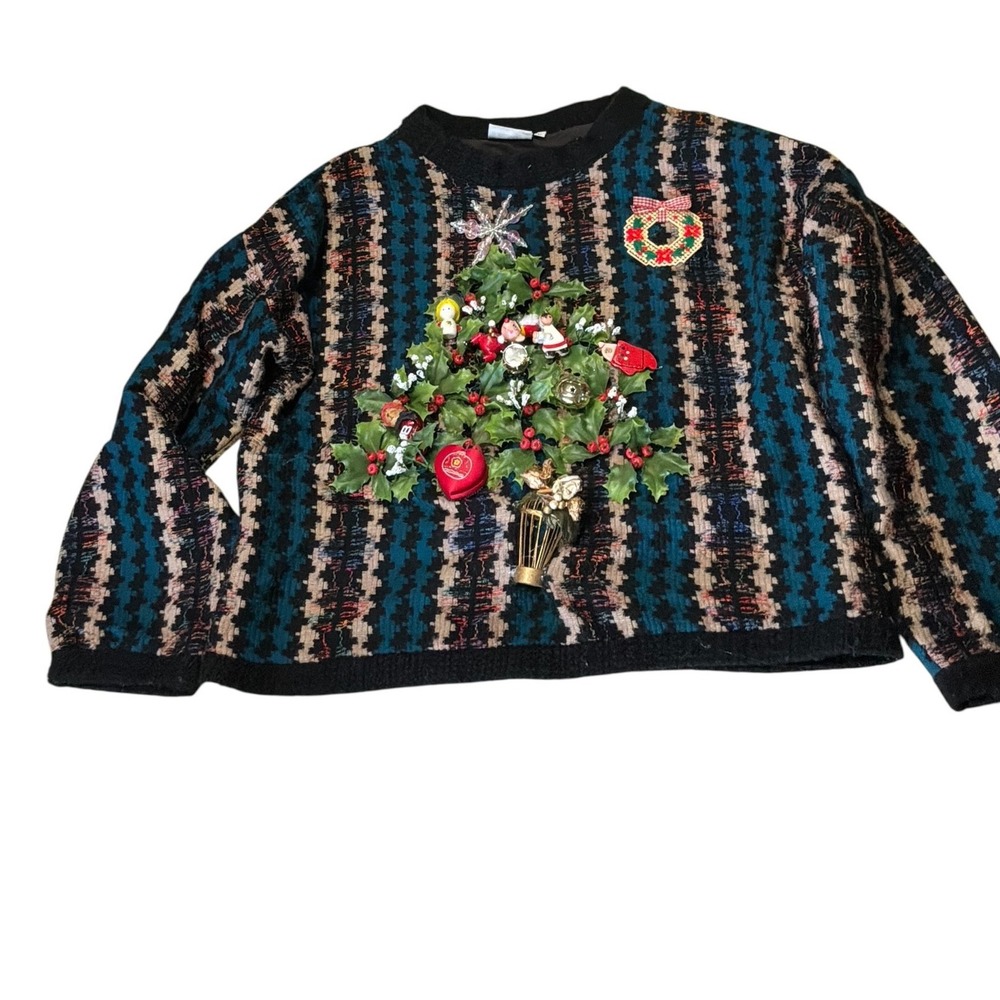 Kitschy W Allen Wah Christmas Tree Sweater L Teal Black Geometric 3D‎ Ornaments